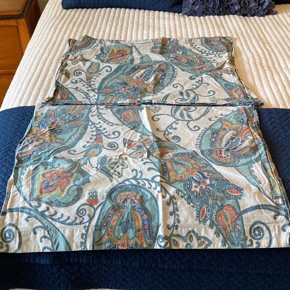 Pottery Barn Paisley Print Pillowcase Pillow Cover Set 23x28 Blues Green Orange